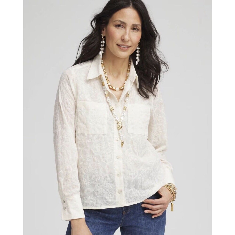Chico's NWT Ember Pocket Novelty Embroidered Sheer Button Down 3/16